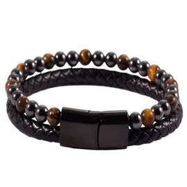 Double Bracelet Magnetic Hematite with Leather and Tiger Eye Stone