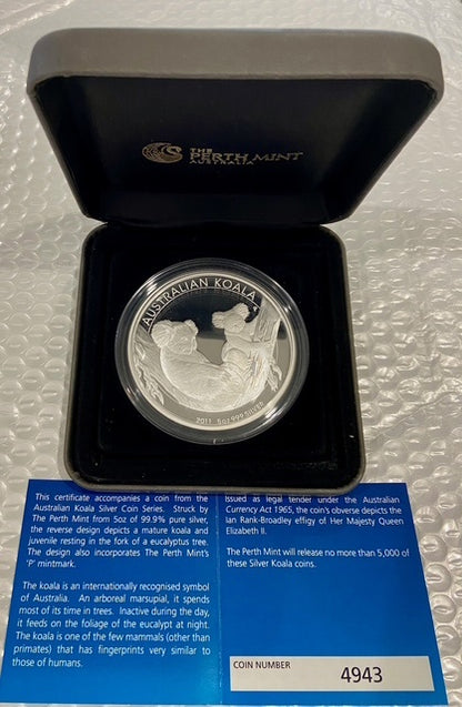 Perth Mint 2011 Australian Koala 5 oz Silver $8 Proof Coin
