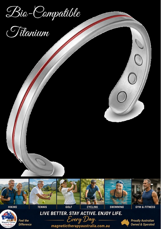 Titanium Power Sports Magnetic Therapy Bracelet - Silver Red Strip