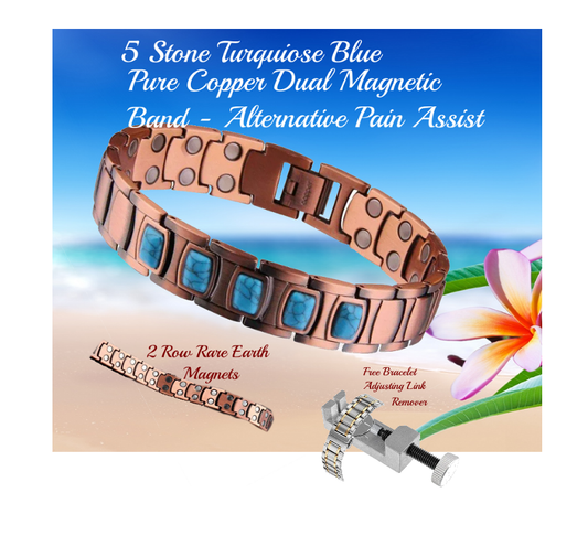 Turquoise Blue Pure Copper Dual Row Magnetic Bracelet 21.5cm